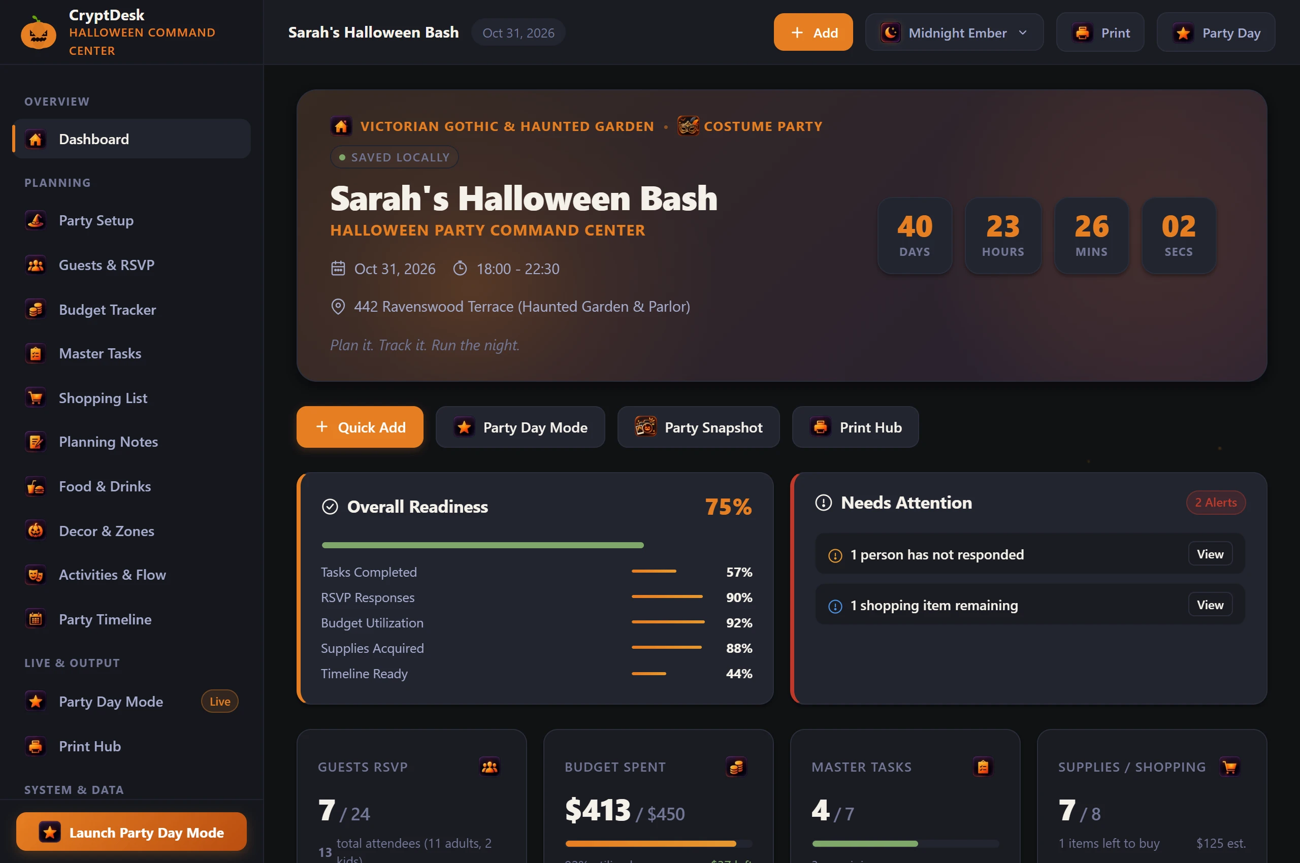 CryptDesk Halloween Party Command Center Dashboard
