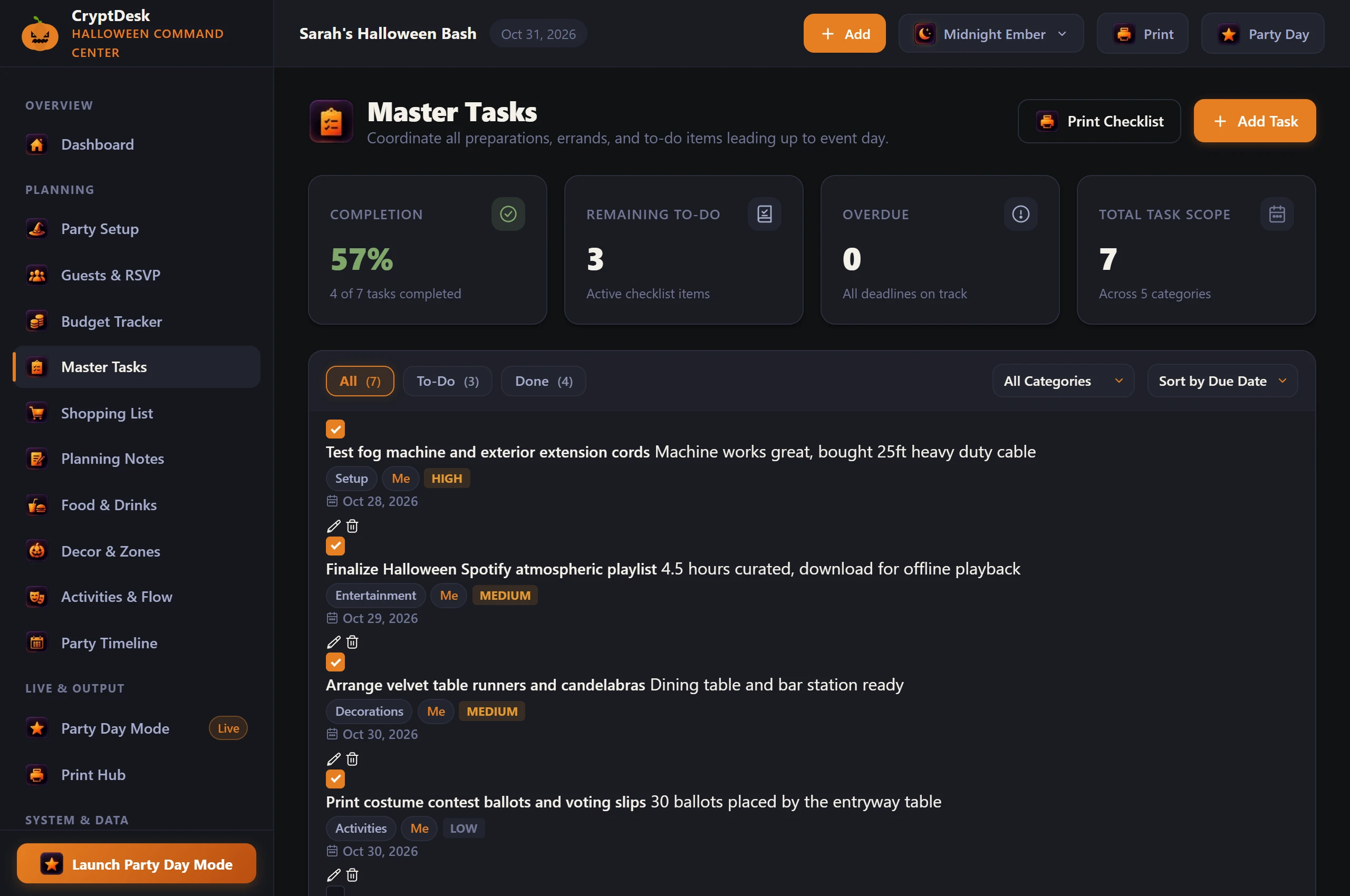 CryptDesk Tasks and shopping checklists categorized by priority