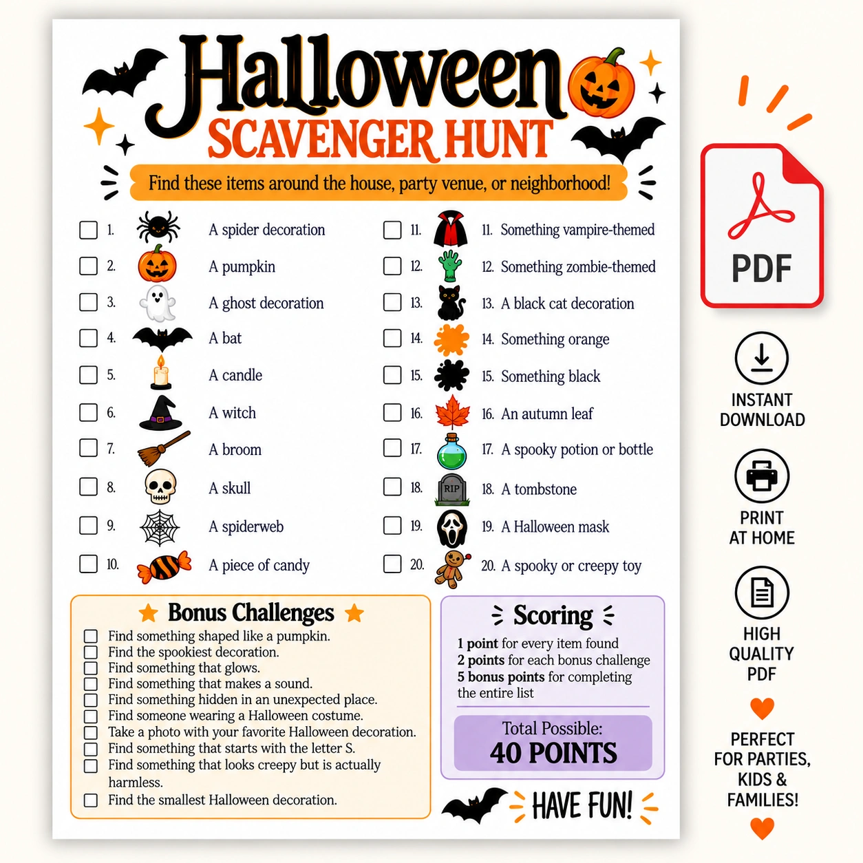 Halloween Scavenger Hunt printable product preview with PDF download information